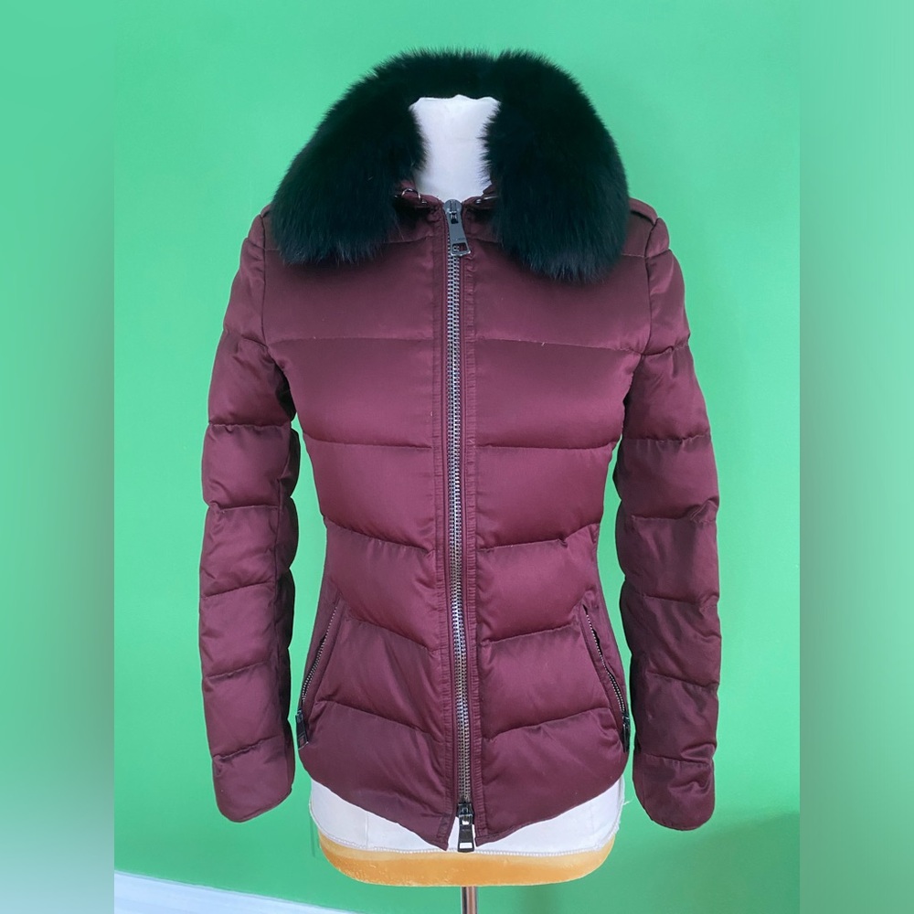 Burberry Brit Redbourne purple down filled satin quilt puffer jacket fur collar